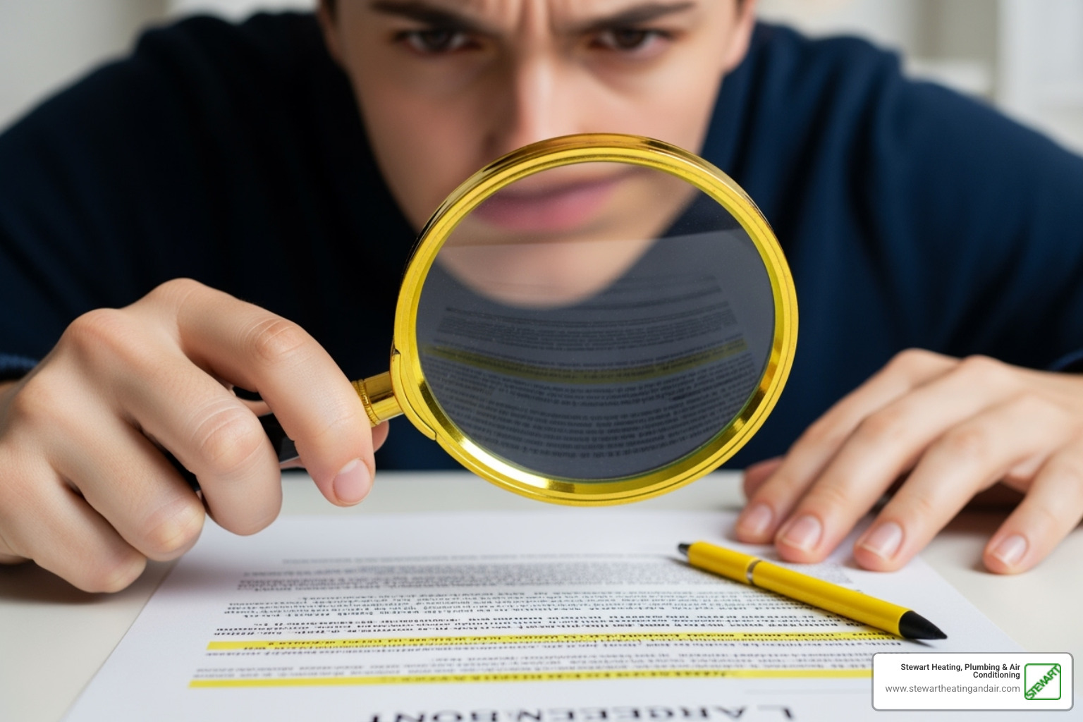 A magnifying glass is held over a loan agreement, emphasizing the importance of scrutinizing financial documents - HVAC financing options