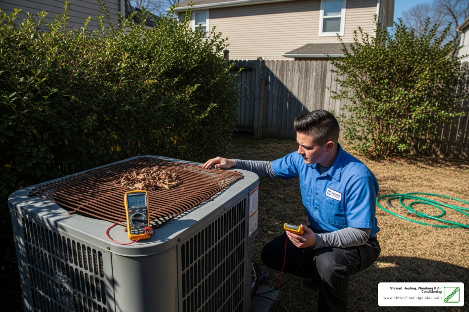 Technician inspecting an older outdoor AC unit - AC repair Martinez