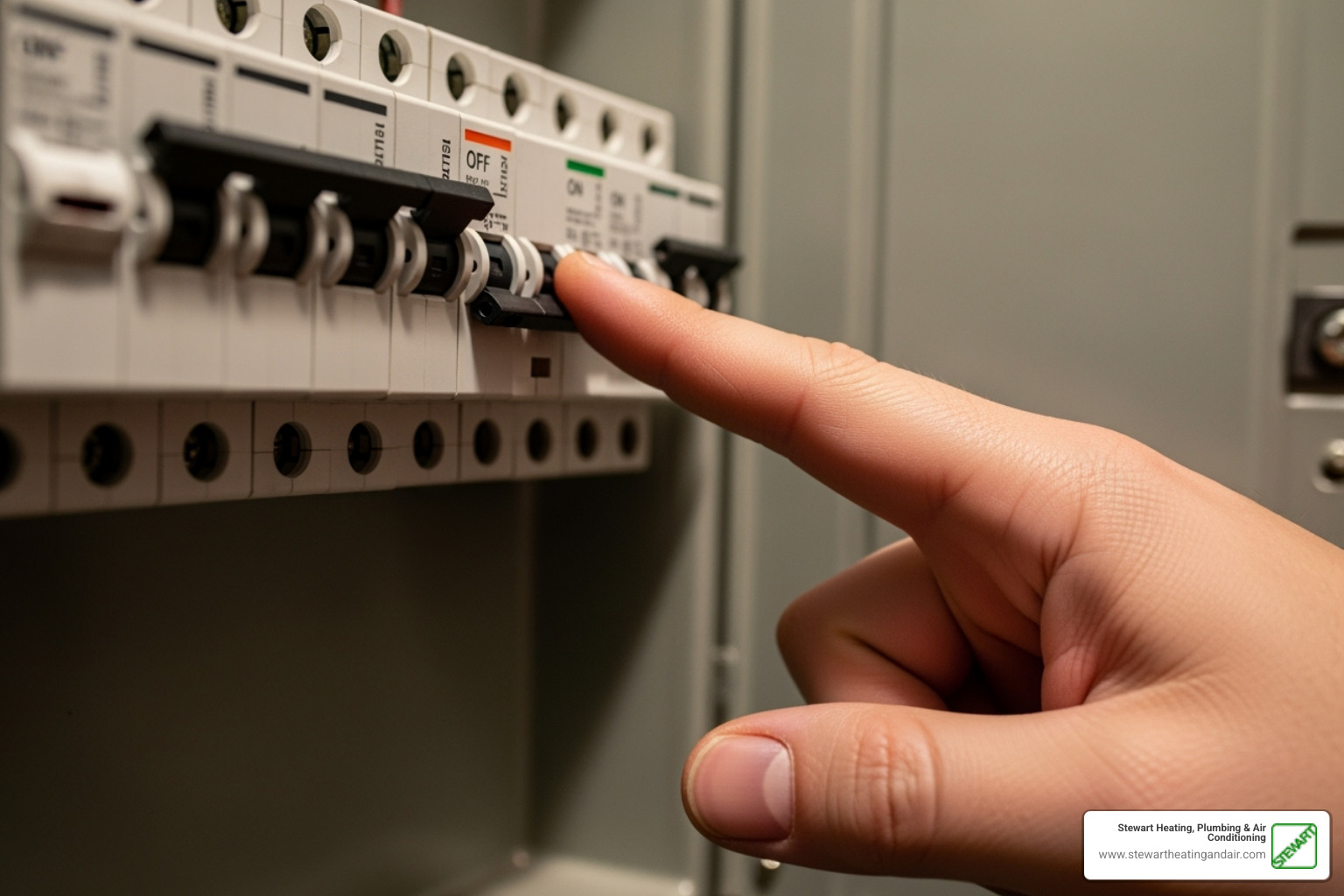 A hand points to a tripped circuit breaker in a home's electrical panel - Heating system troubleshooting A hand points to a tripped circuit breaker in a home's electrical panel - Heating system troubleshooting