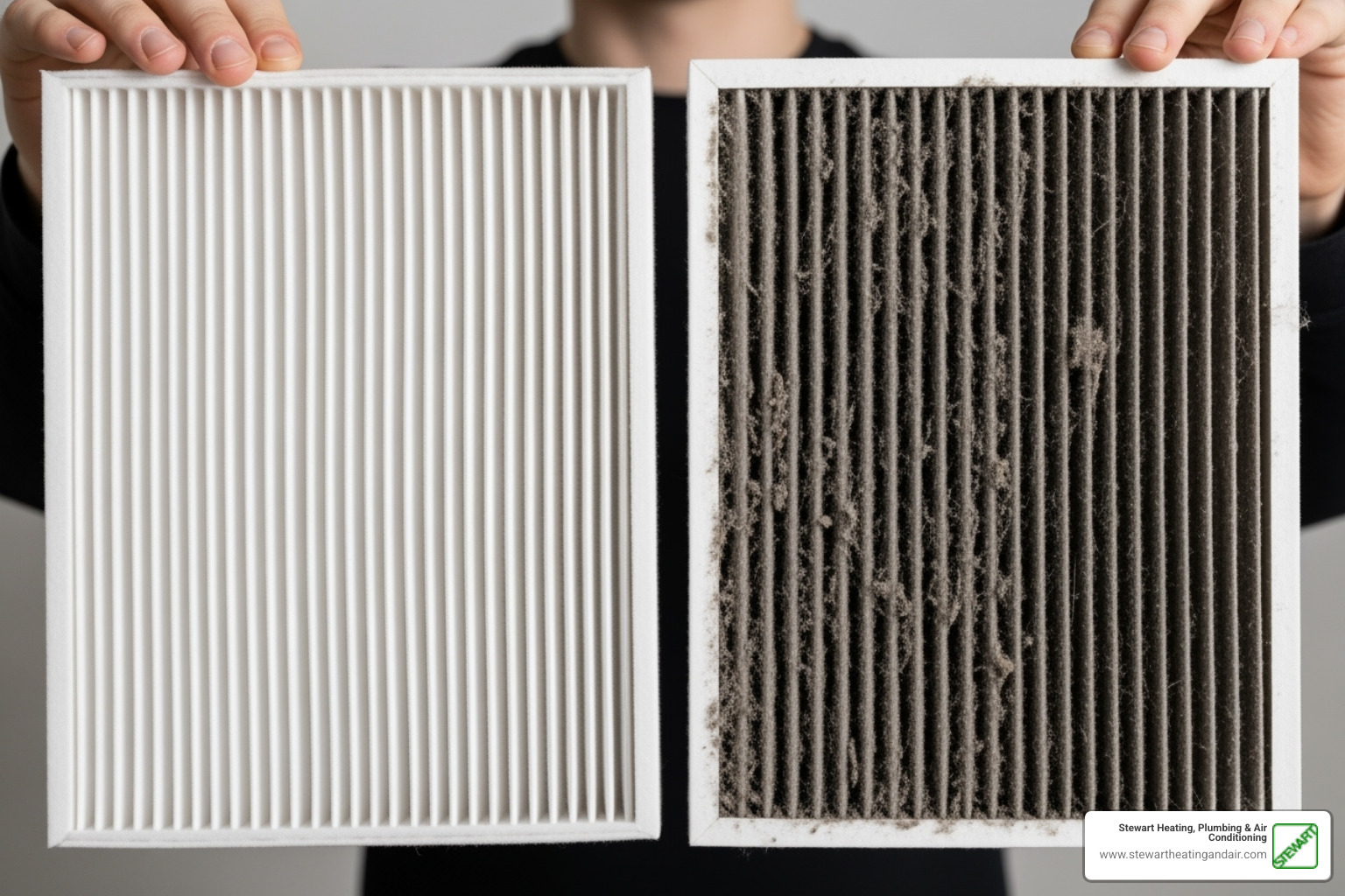 A person holds up a clean air filter next to a dirty, clogged one, highlighting the contrast - Heating system troubleshooting A person holds up a clean air filter next to a dirty, clogged one, highlighting the contrast - Heating system troubleshooting