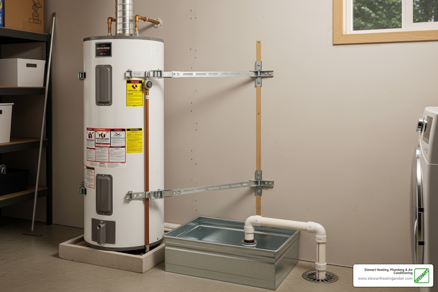 properly installed water heater with visible earthquake straps and drip pan - water heater maintenance concord properly installed water heater with visible earthquake straps and drip pan - water heater maintenance concord