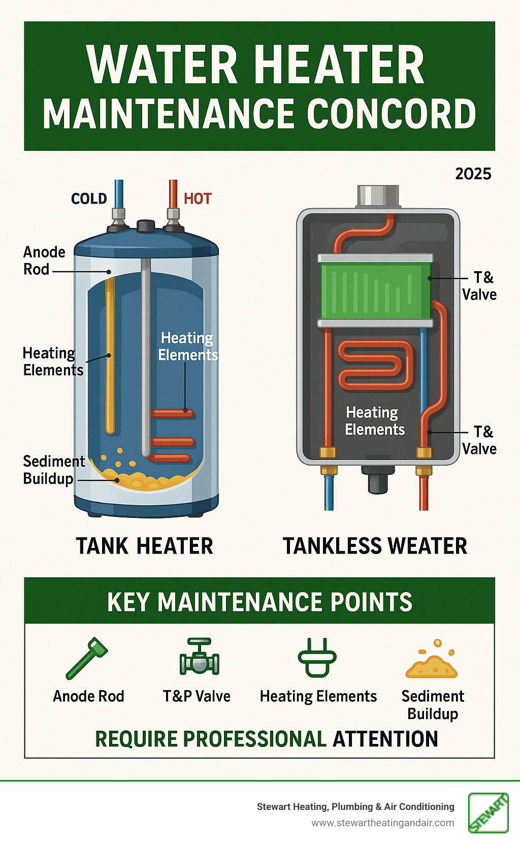 Detailed infographic showing the internal components of both tank and tankless water heaters, highlighting key maintenance points like the anode rod, T&P valve, heating elements, and sediment buildup areas that require regular professional attention - water heater maintenance concord infographic Detailed infographic showing the internal components of both tank and tankless water heaters, highlighting key maintenance points like the anode rod, T&P valve, heating elements, and sediment buildup areas that require regular professional attention - water heater maintenance concord infographic