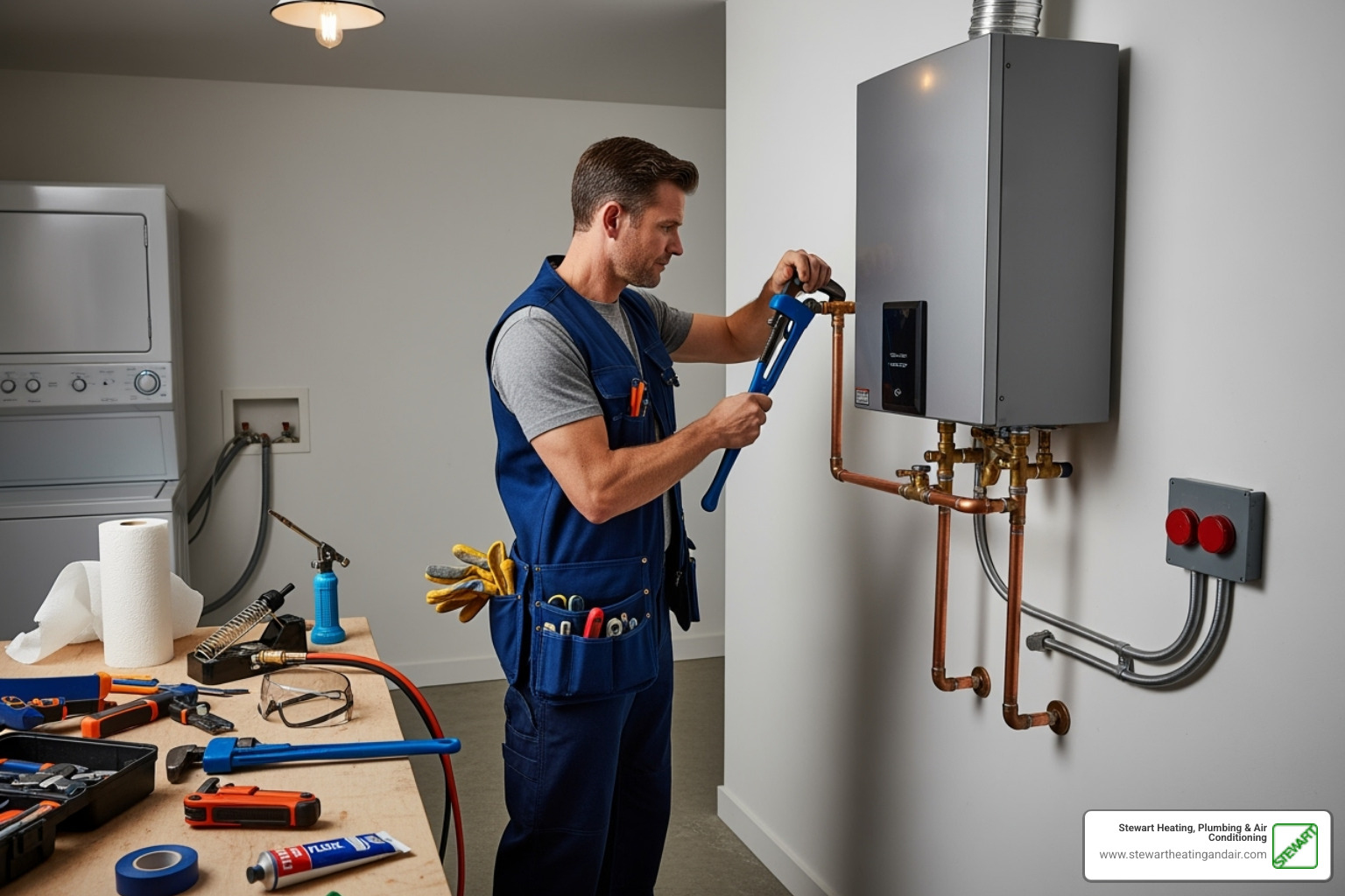 Professional plumber from Stewart Heating, Plumbing & Air Conditioning safely installing a water heater - water heater installation estimate