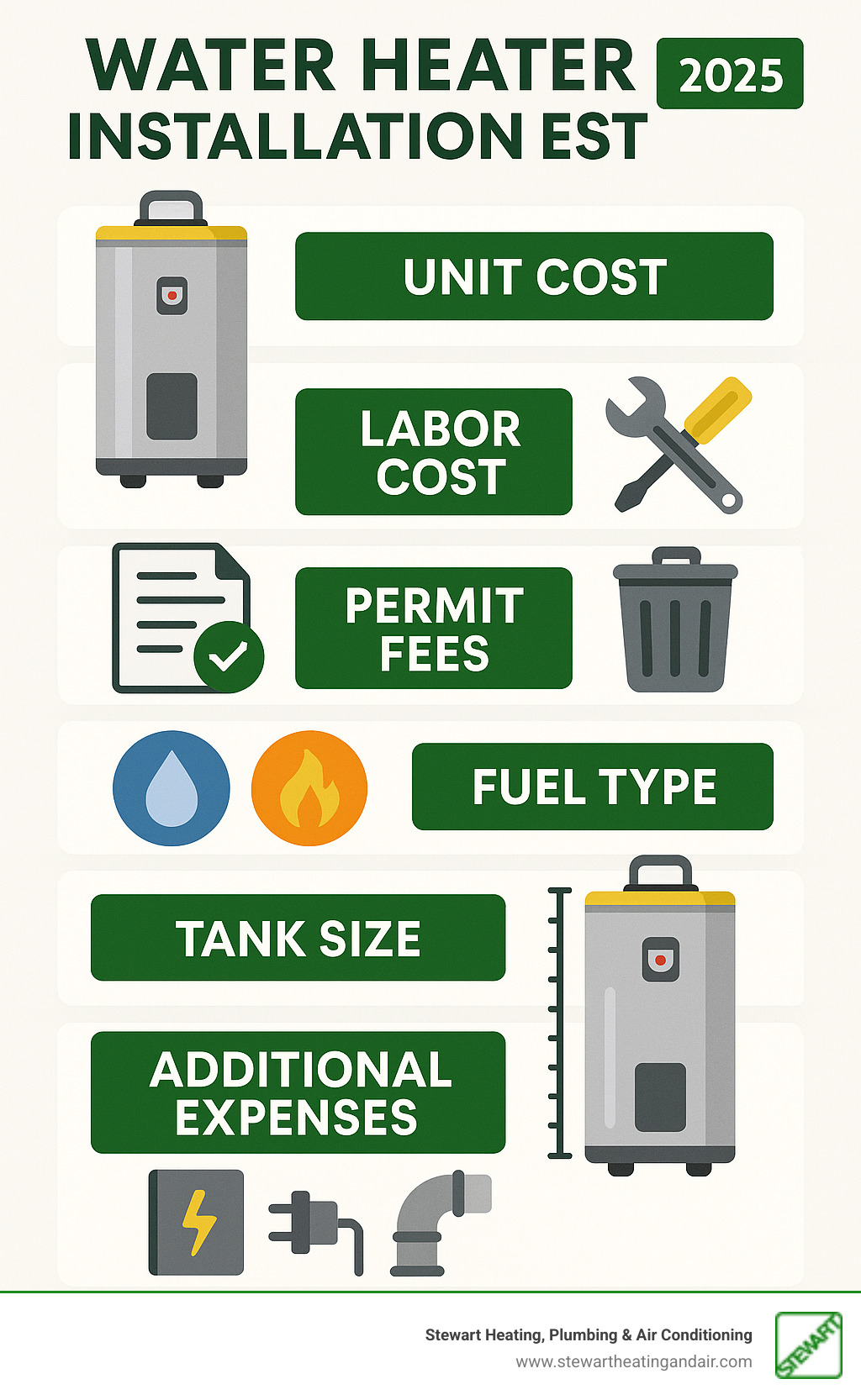 Detailed infographic showing water heater installation estimate breakdown with sections for unit cost, labor cost, permit fees, disposal costs, fuel type considerations, tank size options, and additional expenses like electrical upgrades and venting requirements - water heater installation estimate infographic 
