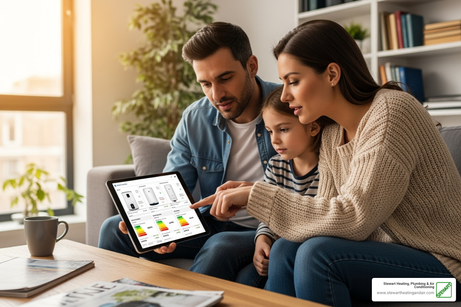 Family looking at different water heater options on a tablet - water heater installation estimate