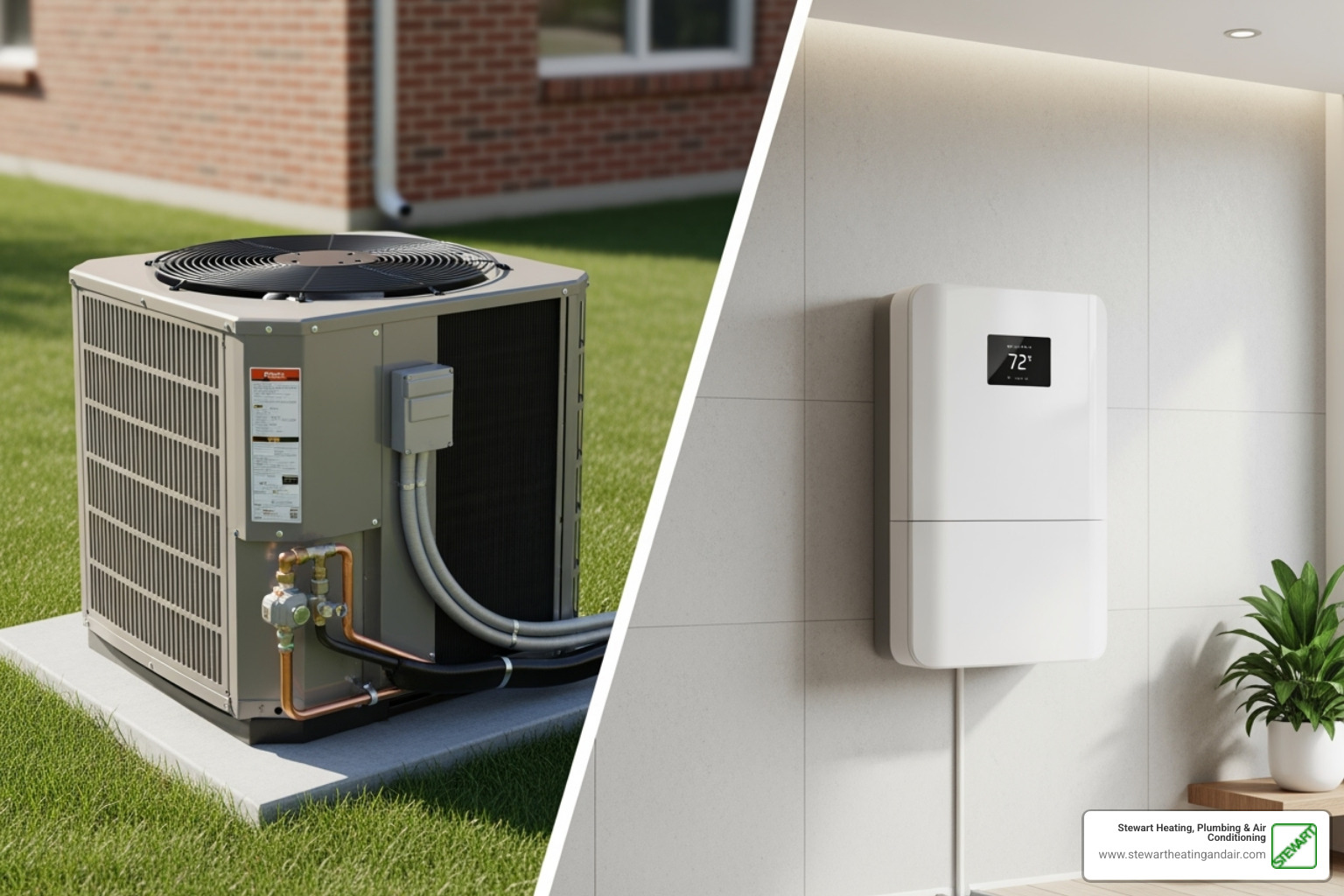 split-screen of a central AC outdoor unit and a sleek ductless mini-split - ac installation pittsburg ca