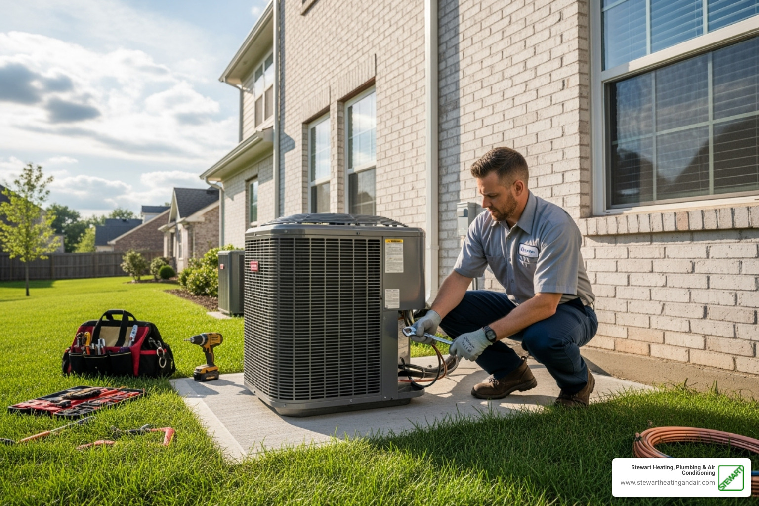 technician professionally installing a new outdoor AC unit - ac installation pittsburg ca