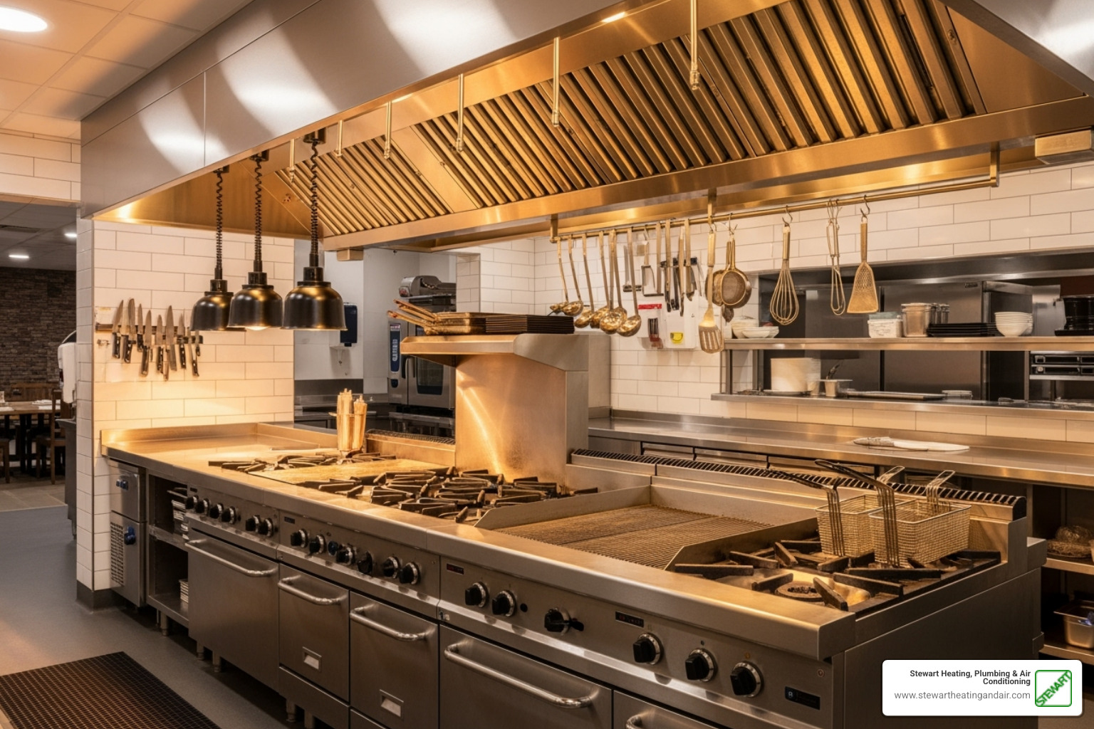 clean restaurant kitchen with a professional ventilation hood - business hvac antioch ca