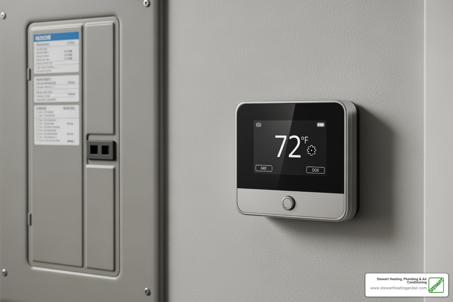 of a thermostat and a circuit breaker panel - 24/7 hvac service contra costa county