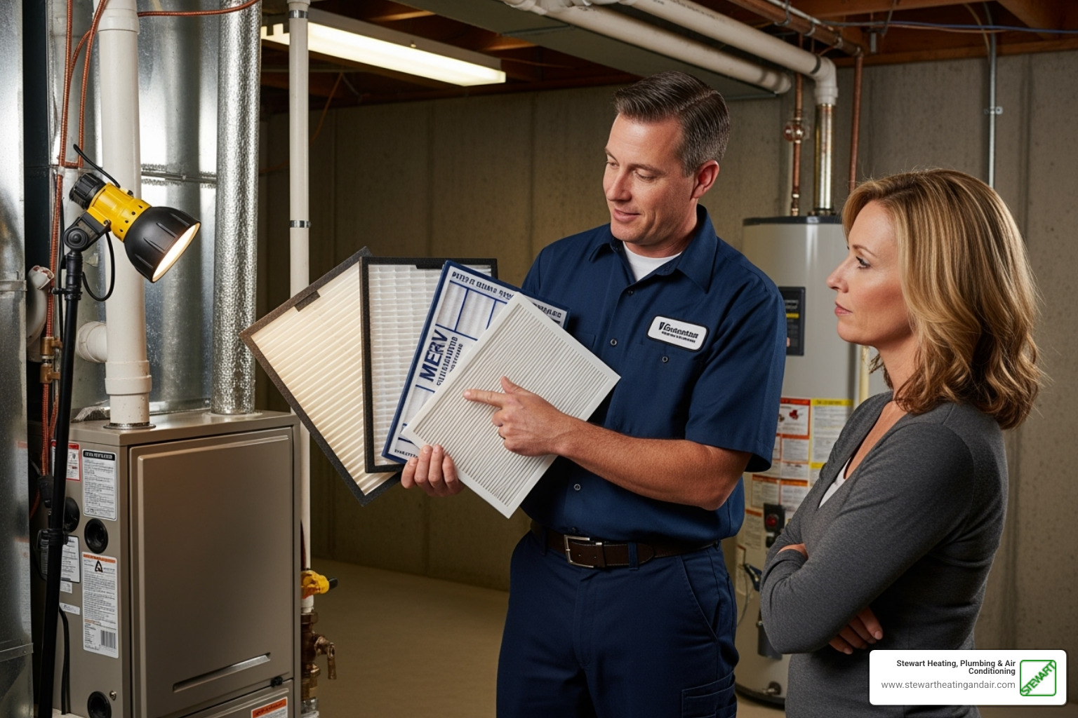 technician showing homeowner different furnace filter options - furnace installation pittsburg ca
