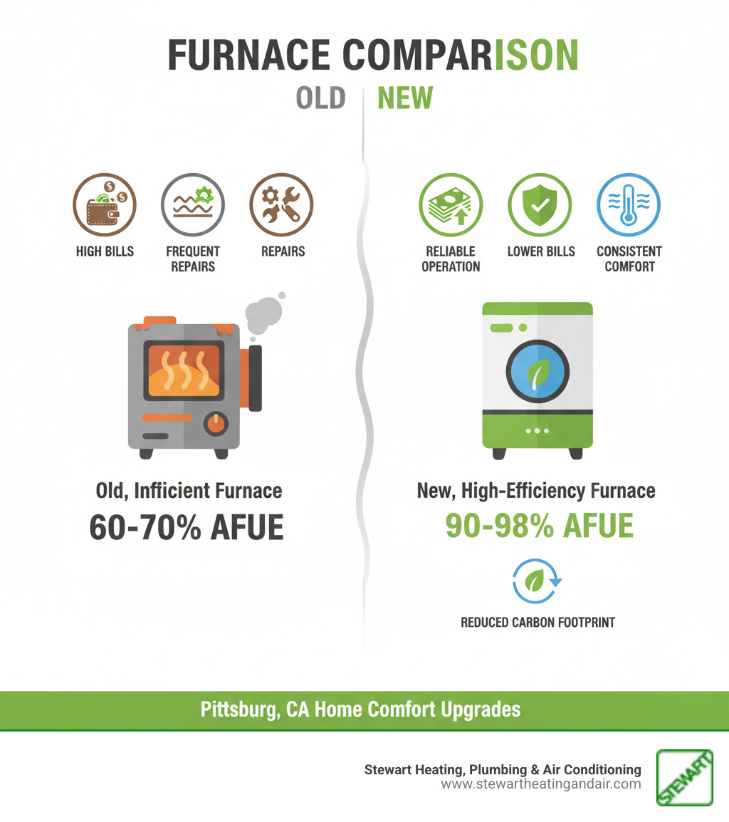 infographic showing comparison between old inefficient furnace (high bills, frequent repairs, uneven heating, 60-70% AFUE) versus new high-efficiency furnace (lower bills, reliable operation, consistent comfort, 90-98% AFUE, reduced carbon footprint) - furnace installation pittsburg ca infographic 