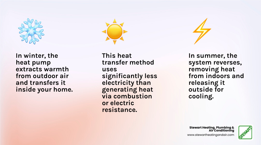 Infographic showing how heat pumps move heat instead of creating it: In winter, the system extracts warmth from outdoor air and transfers it inside. In summer, it reverses the process, removing heat from your home and releasing it outdoors. This heat transfer method uses far less electricity than generating heat through combustion or electric resistance. - heat pump installation pittsburg ca infographic 3_facts_emoji_light-gradient