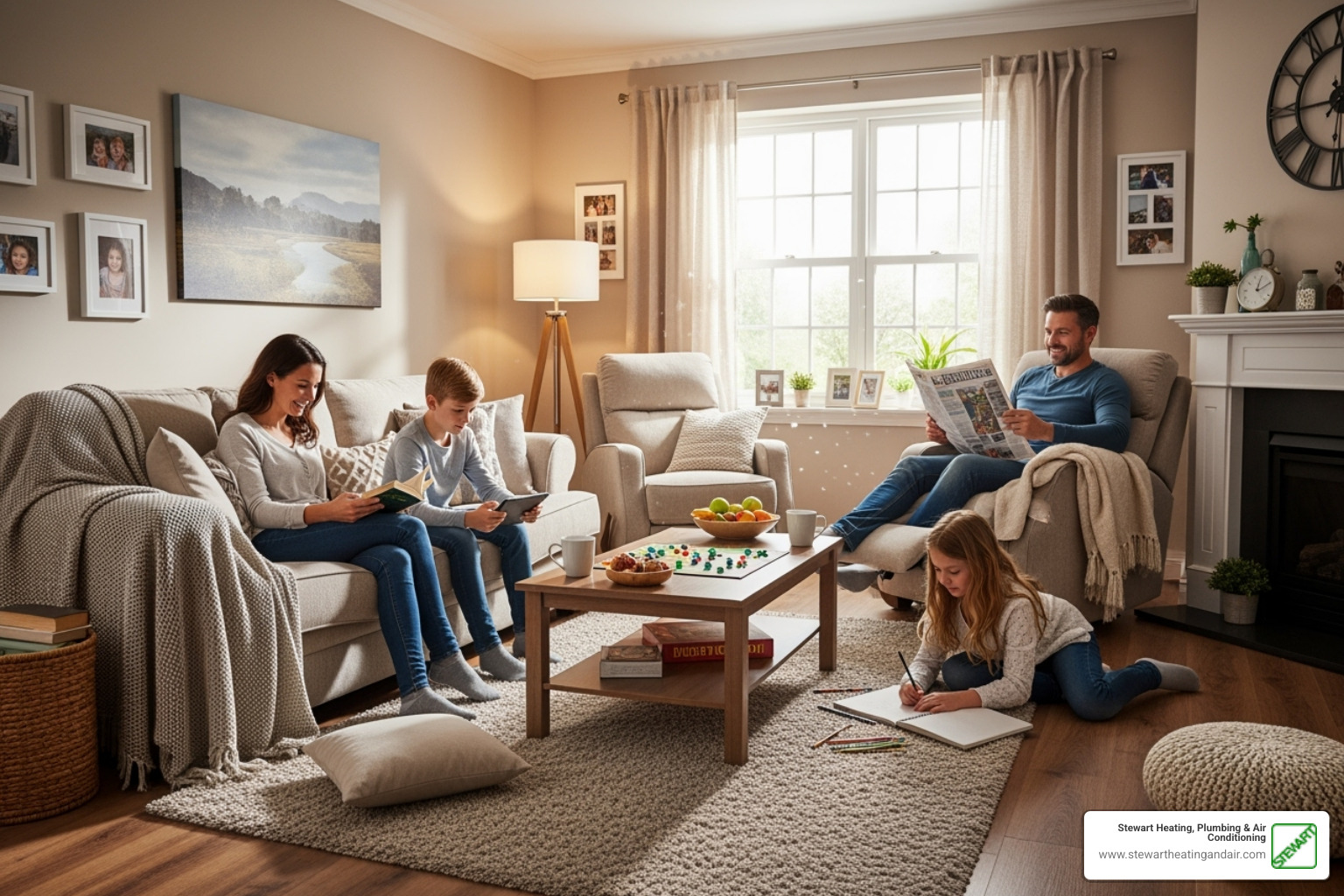 A family relaxing in a comfortable, well-lit living room - heat pump installation pittsburg ca