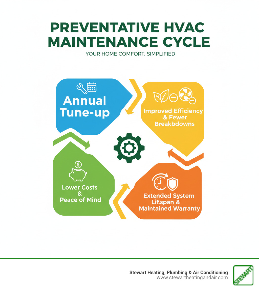 Infographic showing the cycle of preventative HVAC maintenance: Annual tune-up leads to improved efficiency and fewer breakdowns, which extends system lifespan and maintains warranty, resulting in lower costs and peace of mind, completing the cycle back to scheduling the next annual tune-up - ac & heating tune up pleasant hill infographic 
