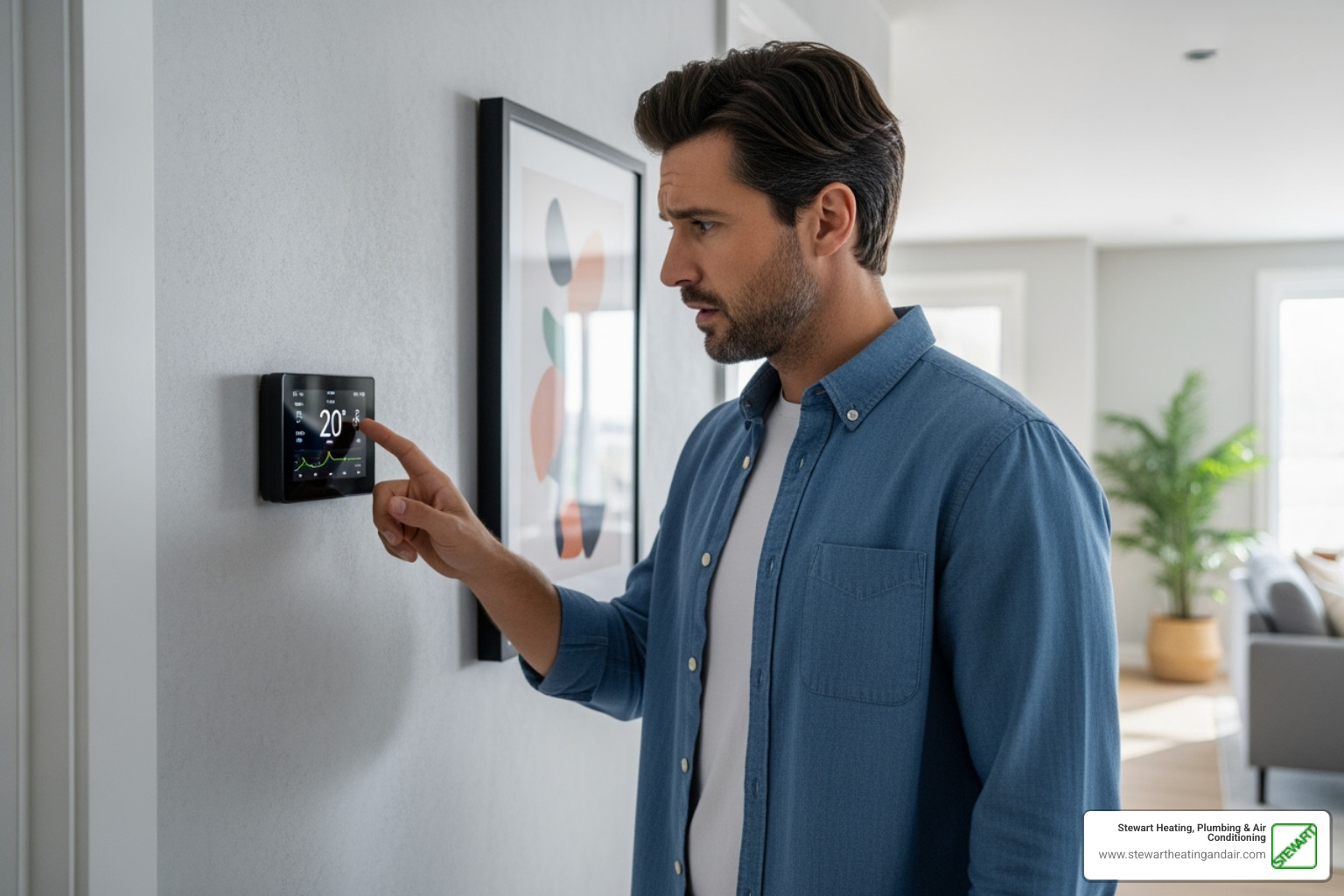 Homeowner looking at thermostat with concerned expression - ac & heating tune up pleasant hill