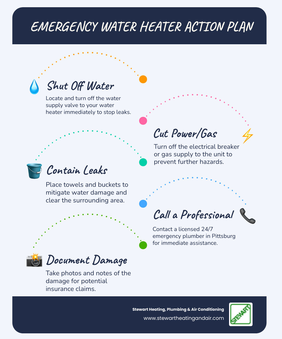 Infographic showing emergency water heater action steps: 1. Locate and turn off water supply valve 2. Shut off gas or electrical power 3. Open hot water faucets to relieve pressure 4. Place towels or buckets to contain leaks 5. Call licensed emergency plumber 6. Document damage for insurance - emergency water heater repair pittsburg infographic infographic-line-5-steps-blues-accent_colors