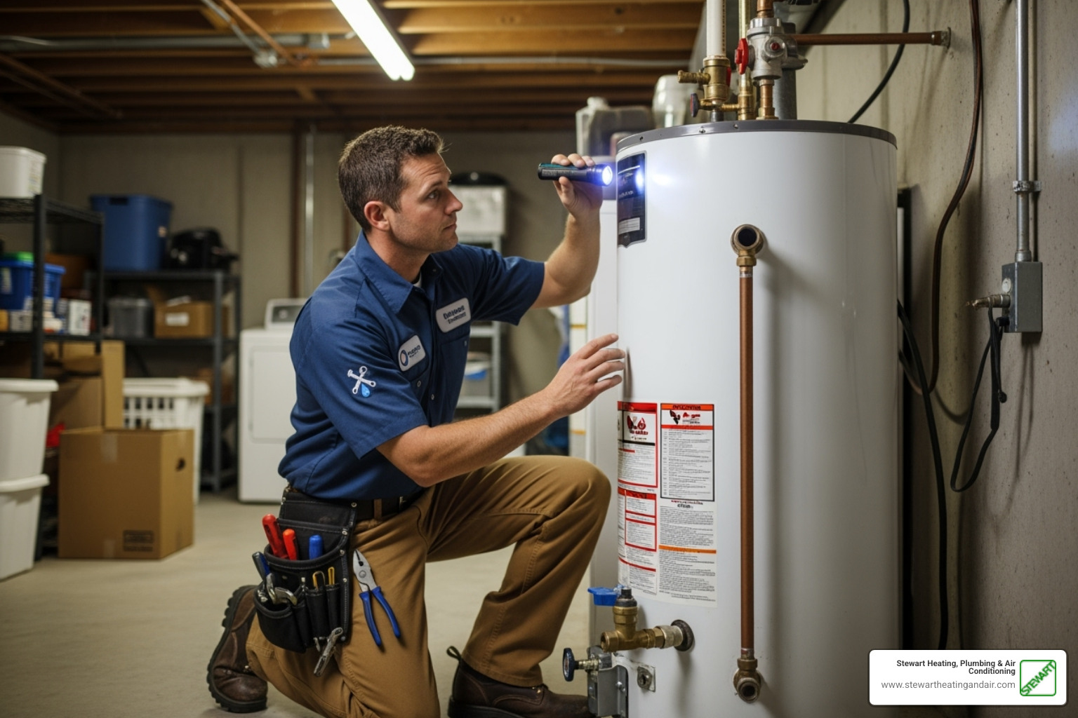Professional plumber inspecting a water heater in Pittsburg, CA - emergency water heater repair pittsburg