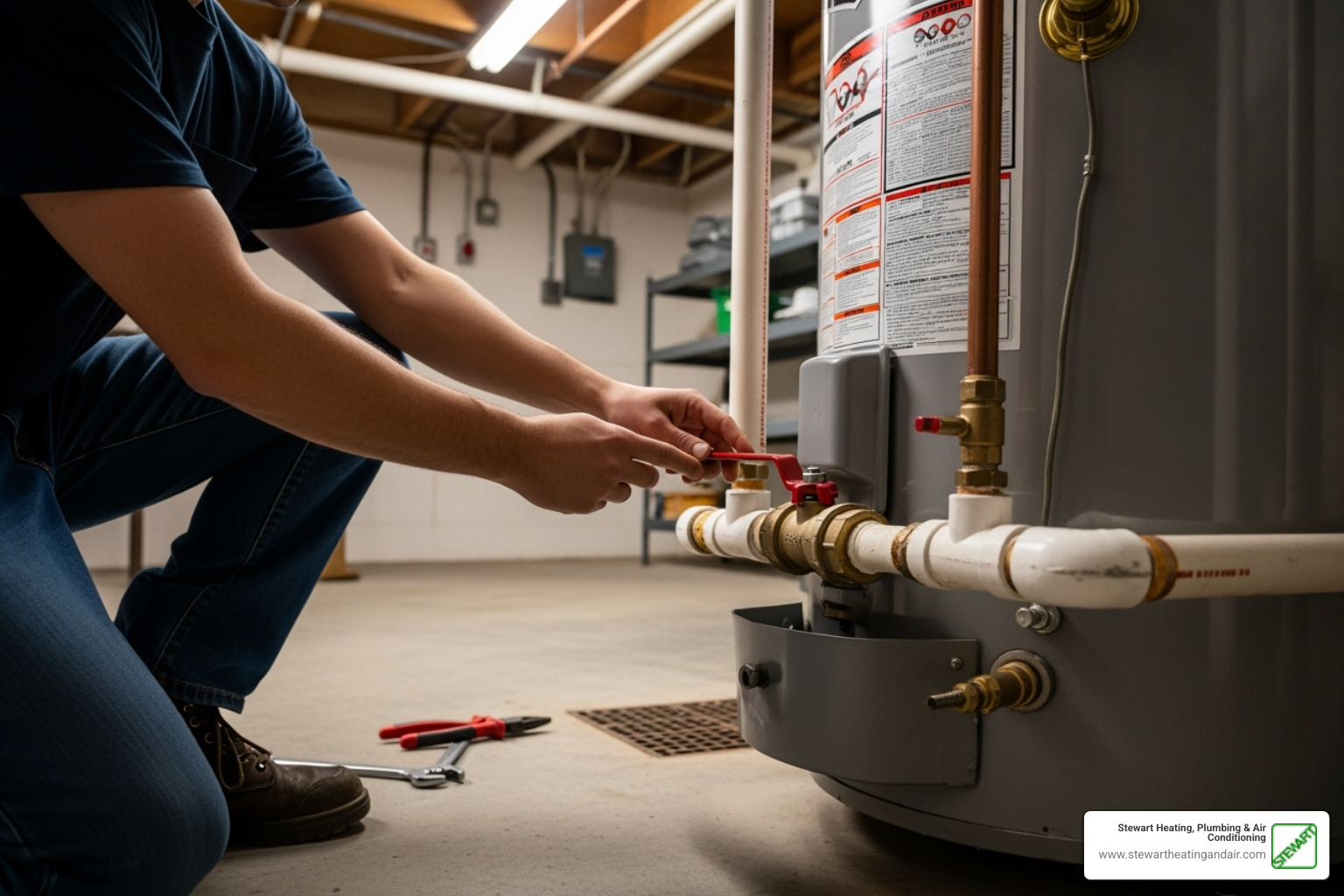 Homeowner shutting off the water supply valve to a water heater - emergency water heater repair pittsburg