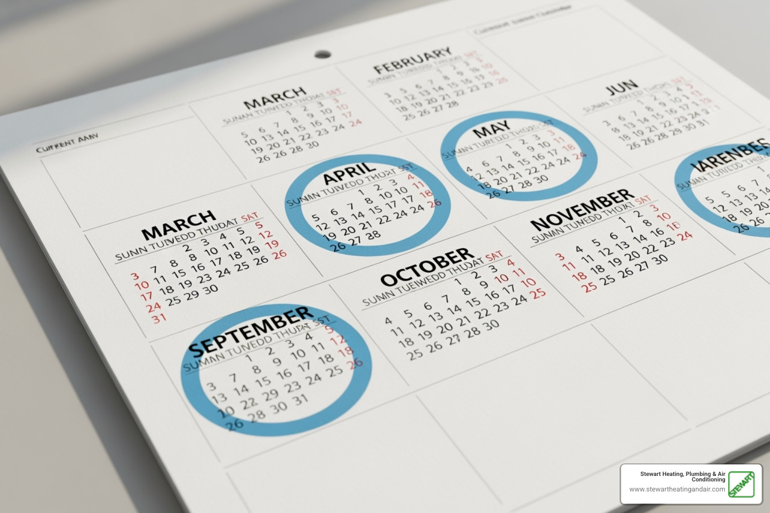 A calendar image with spring and fall months highlighted, indicating the best times for HVAC system servicing - ac repair in concord ca A calendar image with spring and fall months highlighted, indicating the best times for HVAC system servicing - ac repair in concord ca