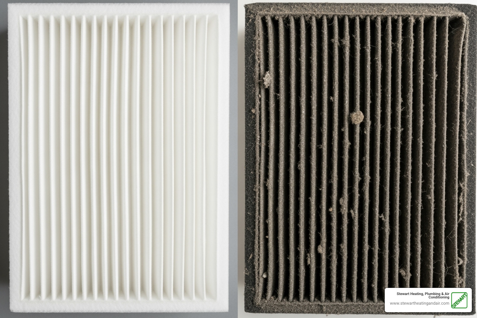 A side-by-side image showing a clean air filter on the left and a heavily soiled, dirty air filter on the right, highlighting the importance of filter replacement - ac repair in concord ca A side-by-side image showing a clean air filter on the left and a heavily soiled, dirty air filter on the right, highlighting the importance of filter replacement - ac repair in concord ca