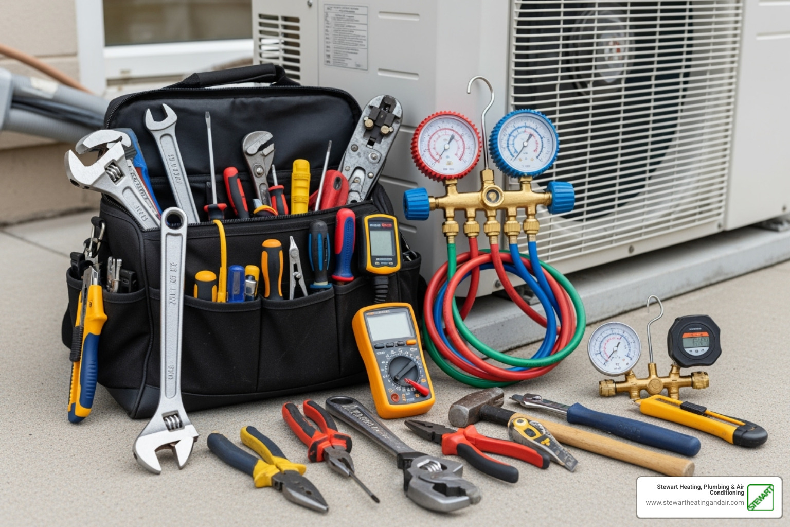 technician's tool bag with gauges and tools next to an outdoor heat pump unit - heat pump maintenance pittsburg technician's tool bag with gauges and tools next to an outdoor heat pump unit - heat pump maintenance pittsburg