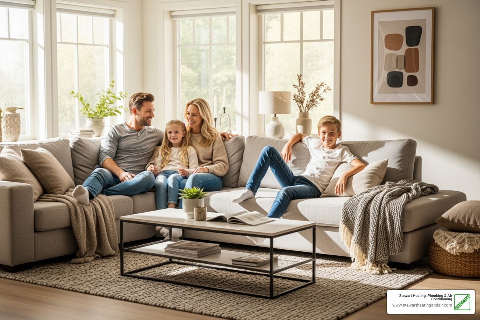 smiling family relaxing in a comfortable living room - heat pump maintenance pittsburg smiling family relaxing in a comfortable living room - heat pump maintenance pittsburg