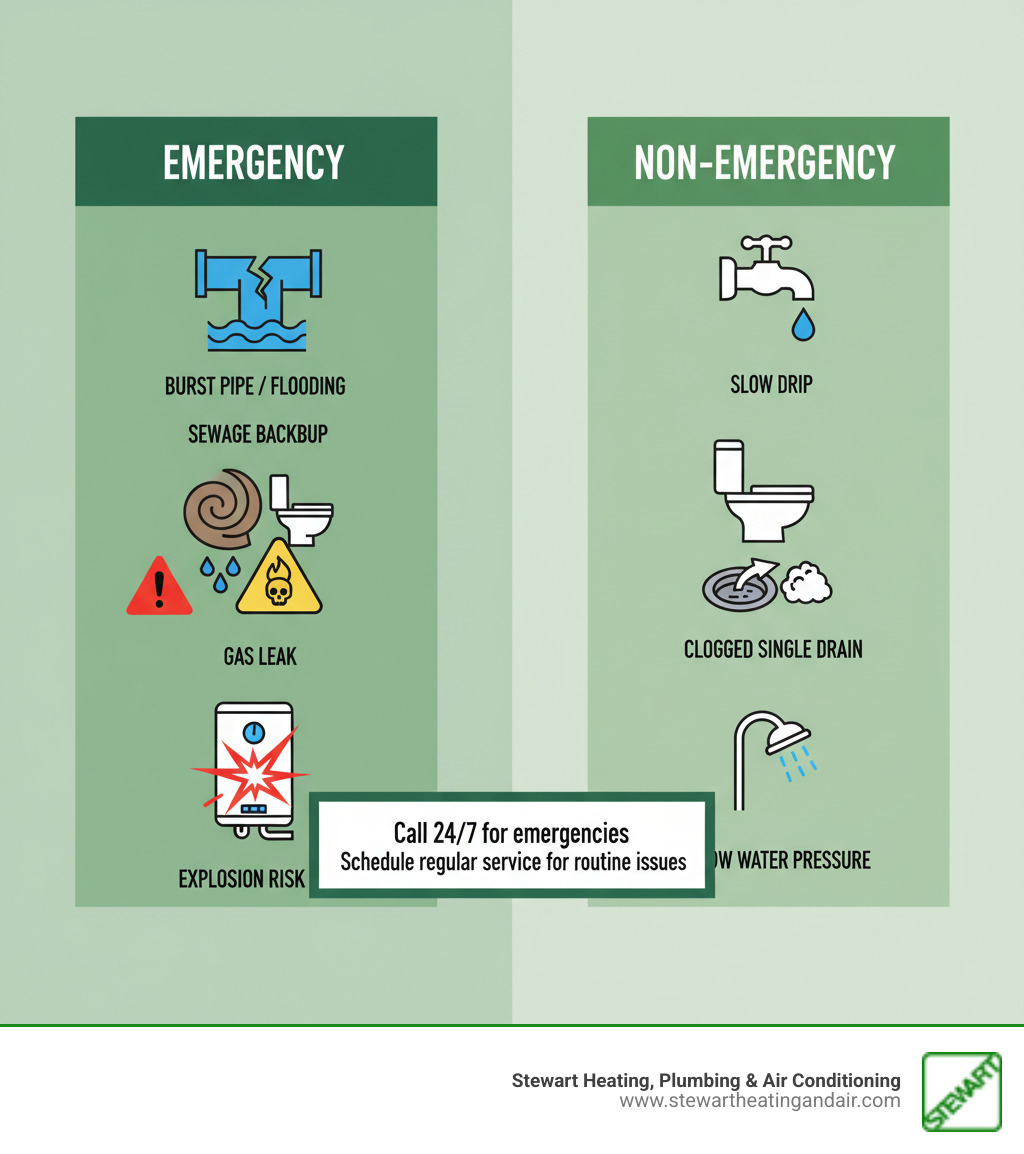 Infographic showing emergency vs non-emergency plumbing situations: Emergency side shows burst pipe with flooding, sewage backup, gas leak with warning symbol, and water heater explosion risk. Non-emergency side shows slow drip from faucet, running toilet, clogged single drain, and low water pressure. Center text reads "Call 24/7 for emergencies - Schedule regular service for routine issues" - emergency plumbing pittsburg ca infographic  Infographic showing emergency vs non-emergency plumbing situations: Emergency side shows burst pipe with flooding, sewage backup, gas leak with warning symbol, and water heater explosion risk. Non-emergency side shows slow drip from faucet, running toilet, clogged single drain, and low water pressure. Center text reads "Call 24/7 for emergencies - Schedule regular service for routine issues" - emergency plumbing pittsburg ca infographic