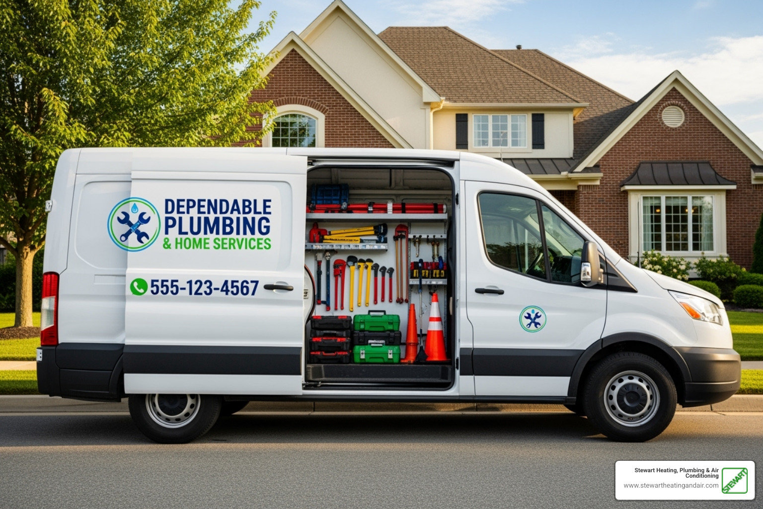 A professional plumber's truck with the Stewart Heating, Plumbing & Air Conditioning logo. - emergency plumbing pittsburg ca A professional plumber's truck with the Stewart Heating, Plumbing & Air Conditioning logo. - emergency plumbing pittsburg ca