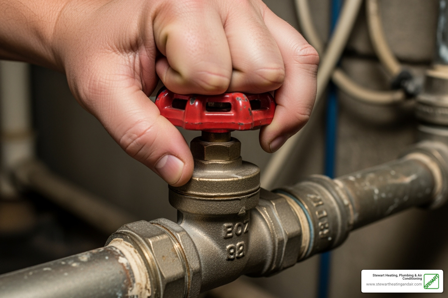A homeowner's hand turning a red handle on a main water shut-off valve. - emergency plumbing pittsburg ca A homeowner's hand turning a red handle on a main water shut-off valve. - emergency plumbing pittsburg ca