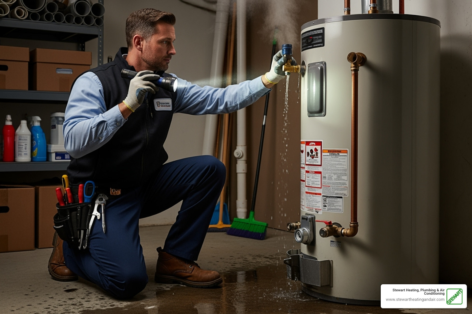 A technician inspecting a leaking water heater, steam rising from the top. - emergency plumbing pittsburg ca A technician inspecting a leaking water heater, steam rising from the top. - emergency plumbing pittsburg ca