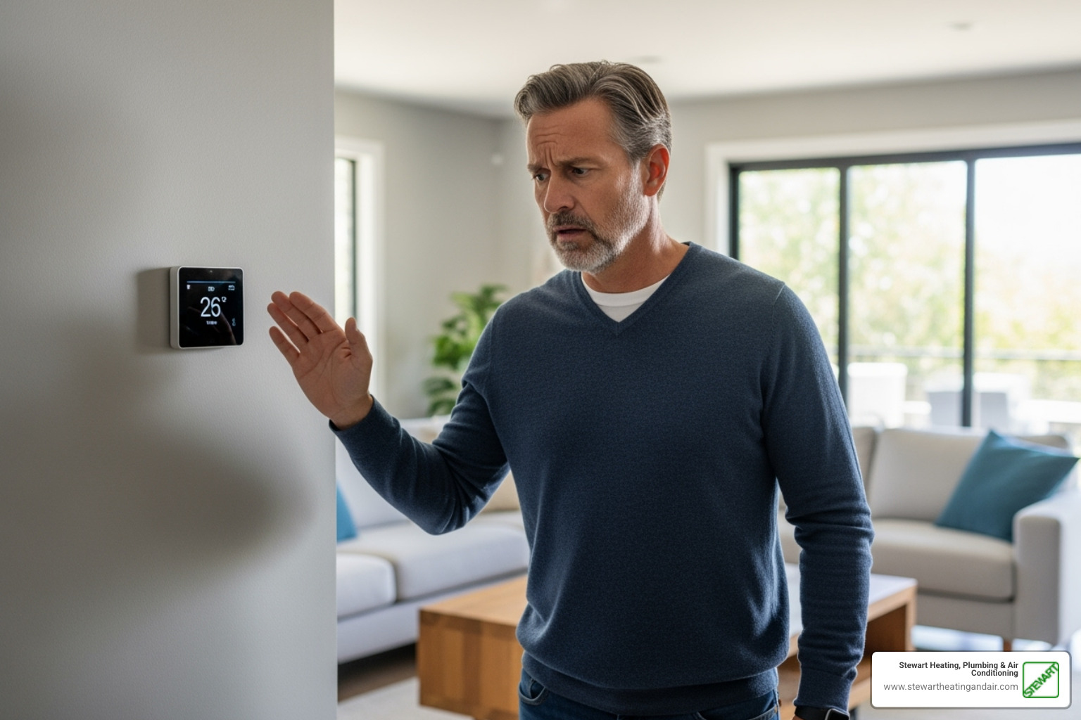 homeowner looking concerned at their thermostat - hvac inspection brentwood ca homeowner looking concerned at their thermostat - hvac inspection brentwood ca