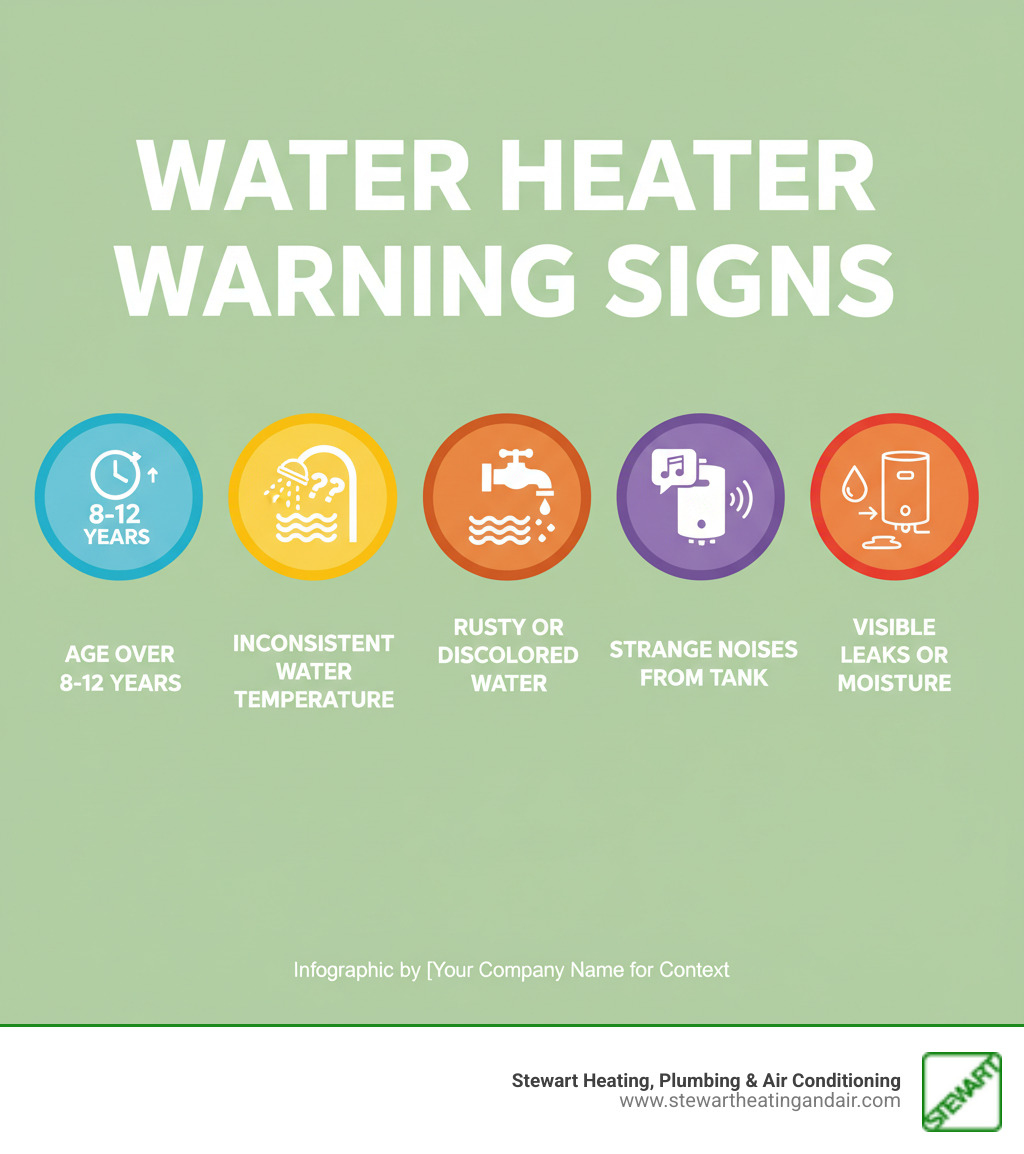 infographic showing five key warning signs of water heater failure: age over 8-12 years, inconsistent water temperature, rusty or discolored water, strange noises from the tank, and visible leaks or moisture around the unit - water heater installation pittsburg ca infographic  infographic showing five key warning signs of water heater failure: age over 8-12 years, inconsistent water temperature, rusty or discolored water, strange noises from the tank, and visible leaks or moisture around the unit - water heater installation pittsburg ca infographic