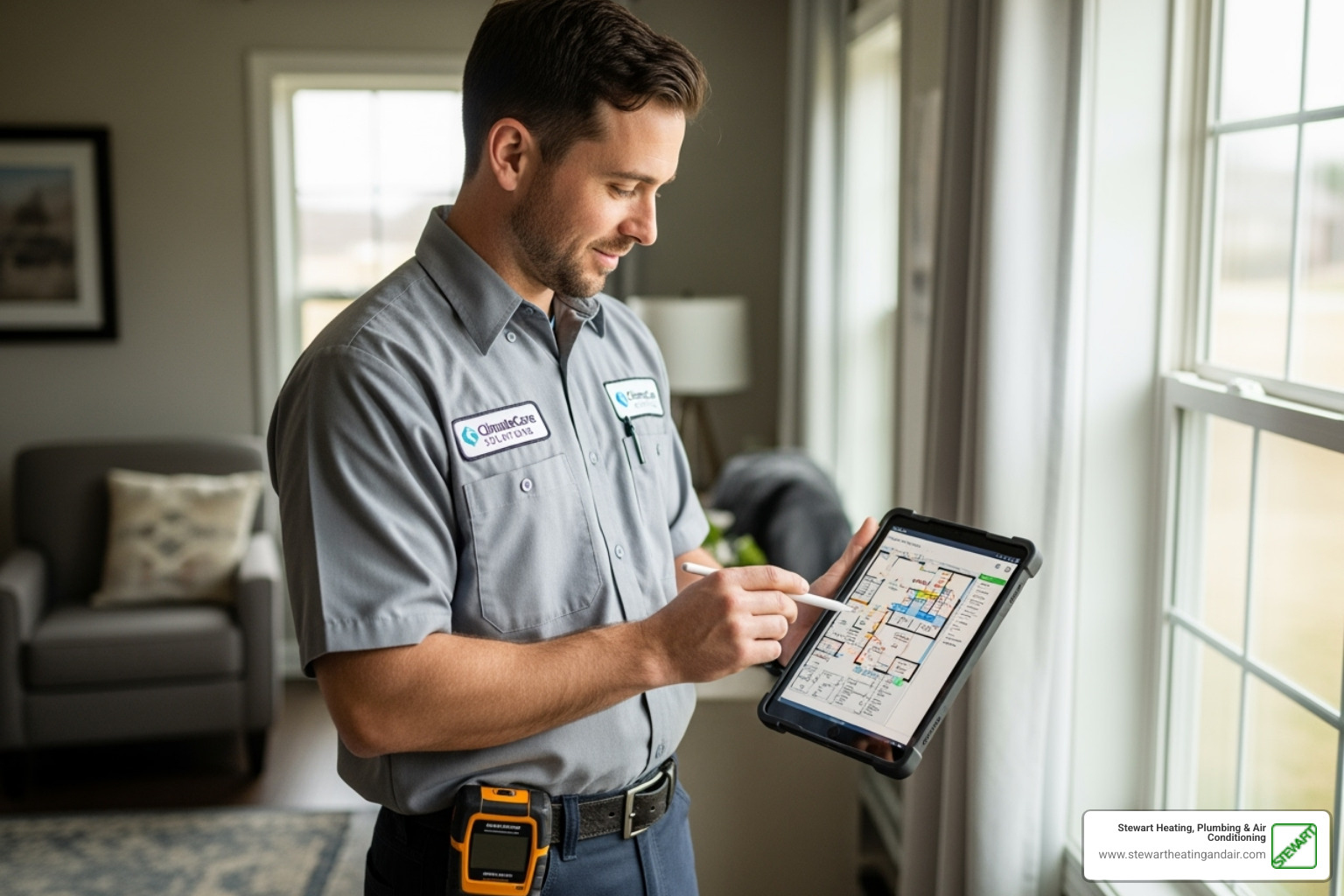 HVAC technician performing a load calculation in a home - HVAC replacement estimate