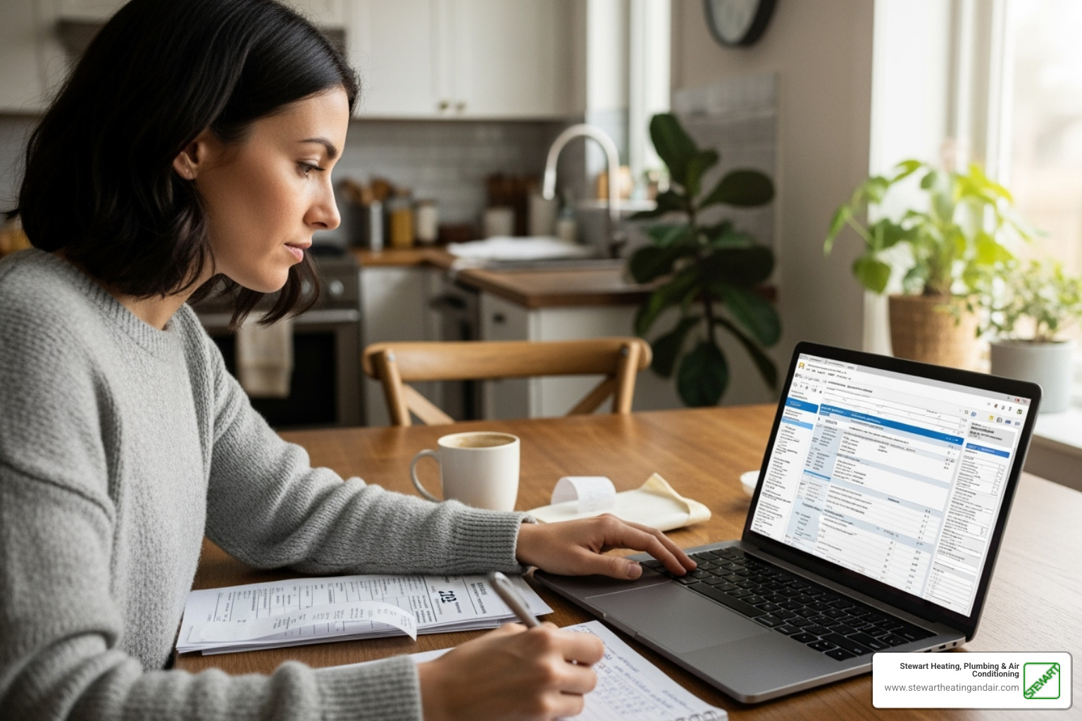 homeowner reviewing tax credit forms on a laptop - HVAC replacement estimate