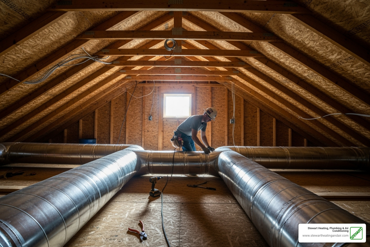 new clean ductwork being installed in an attic - HVAC replacement estimate