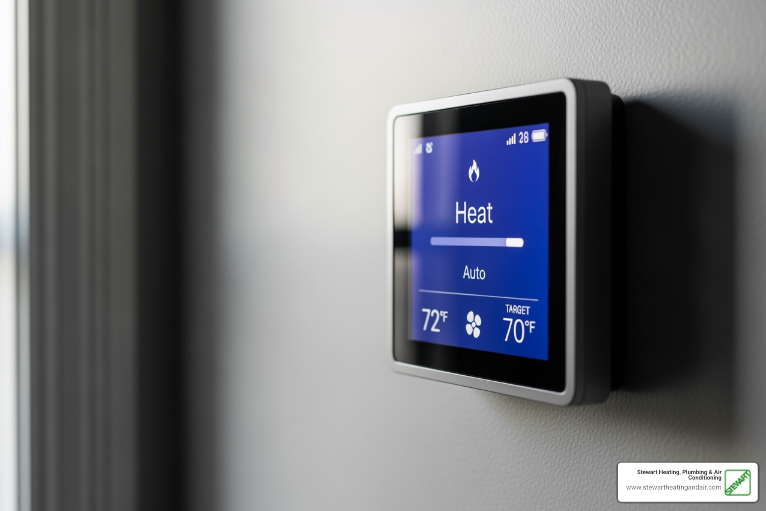 Modern smart thermostat showing 'Heat' and 'Auto' settings - Furnace blowing cold Modern smart thermostat showing 'Heat' and 'Auto' settings - Furnace blowing cold