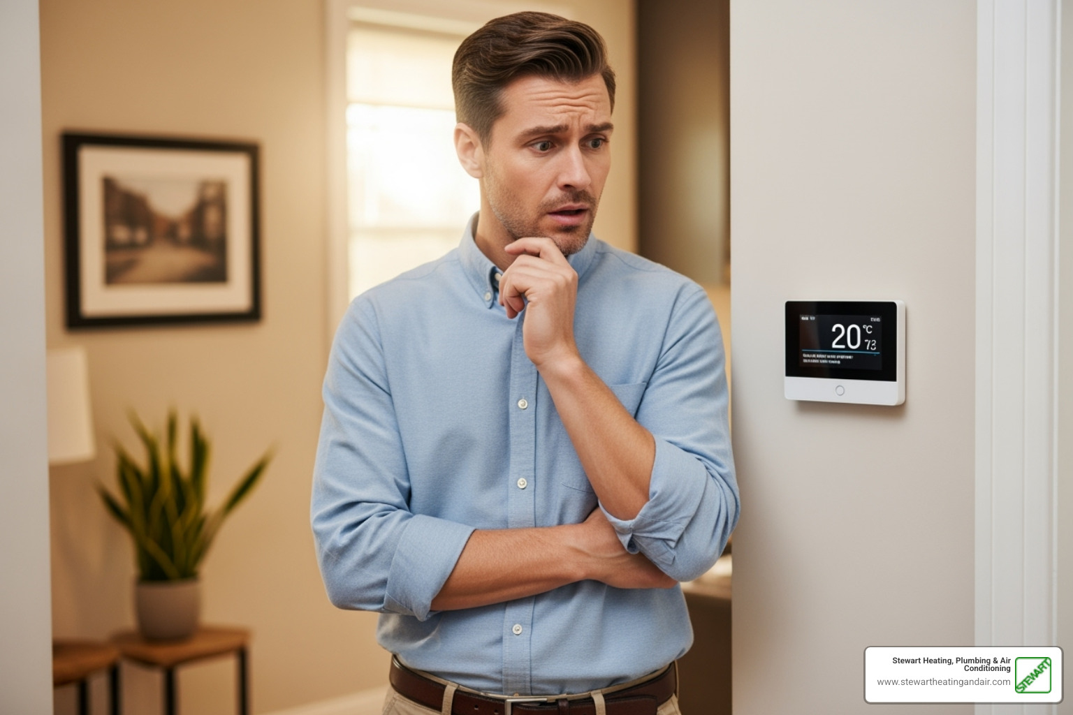 a homeowner looking quizzically at their thermostat - heat pump repair concord ca a homeowner looking quizzically at their thermostat - heat pump repair concord ca