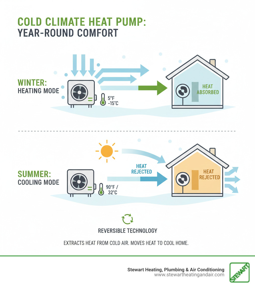 Infographic showing how a cold climate heat pump extracts heat from outdoor air in winter and reverses the process for cooling in summer, with arrows indicating heat movement direction and seasonal operation modes - cold climate heat pump concord infographic 