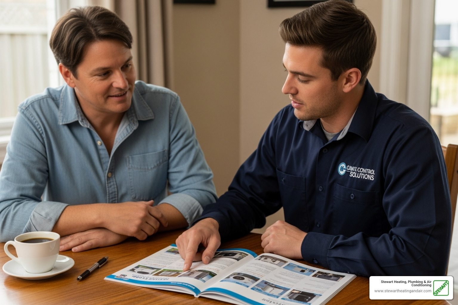 Homeowner looking at a heat pump brochure with an HVAC professional - cold climate heat pump concord