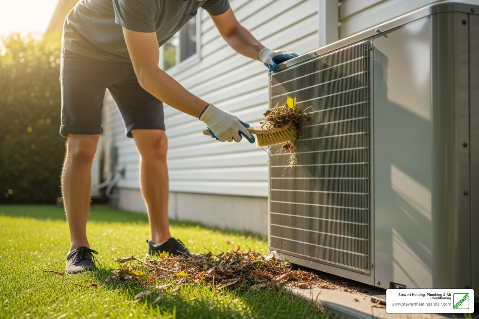 A person easily cleaning debris away from an outdoor heat pump unit - cold climate heat pump concord