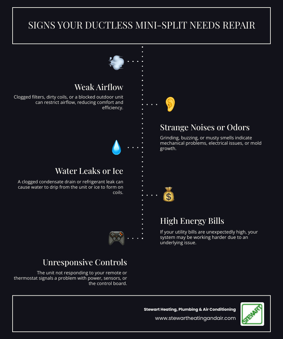 Infographic showing common signs your ductless mini-split needs repair in Bay Point: weak airflow from clogged filters or dirty coils, unusual grinding or buzzing sounds indicating mechanical issues, water leaks from blocked condensate drains, ice formation on coils from refrigerant problems, inconsistent temperatures across zones, higher energy bills from reduced efficiency, and unresponsive controls or remote issues - ductless repair bay point ca infographic infographic-line-5-steps-dark Infographic showing common signs your ductless mini-split needs repair in Bay Point: weak airflow from clogged filters or dirty coils, unusual grinding or buzzing sounds indicating mechanical issues, water leaks from blocked condensate drains, ice formation on coils from refrigerant problems, inconsistent temperatures across zones, higher energy bills from reduced efficiency, and unresponsive controls or remote issues - ductless repair bay point ca infographic infographic-line-5-steps-dark