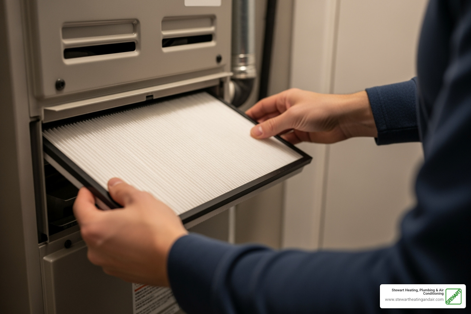 a person changing a furnace air filter - "My heater is blowing cold air. Who can I call for repairs in Martinez?" a person changing a furnace air filter - "My heater is blowing cold air. Who can I call for repairs in Martinez?"