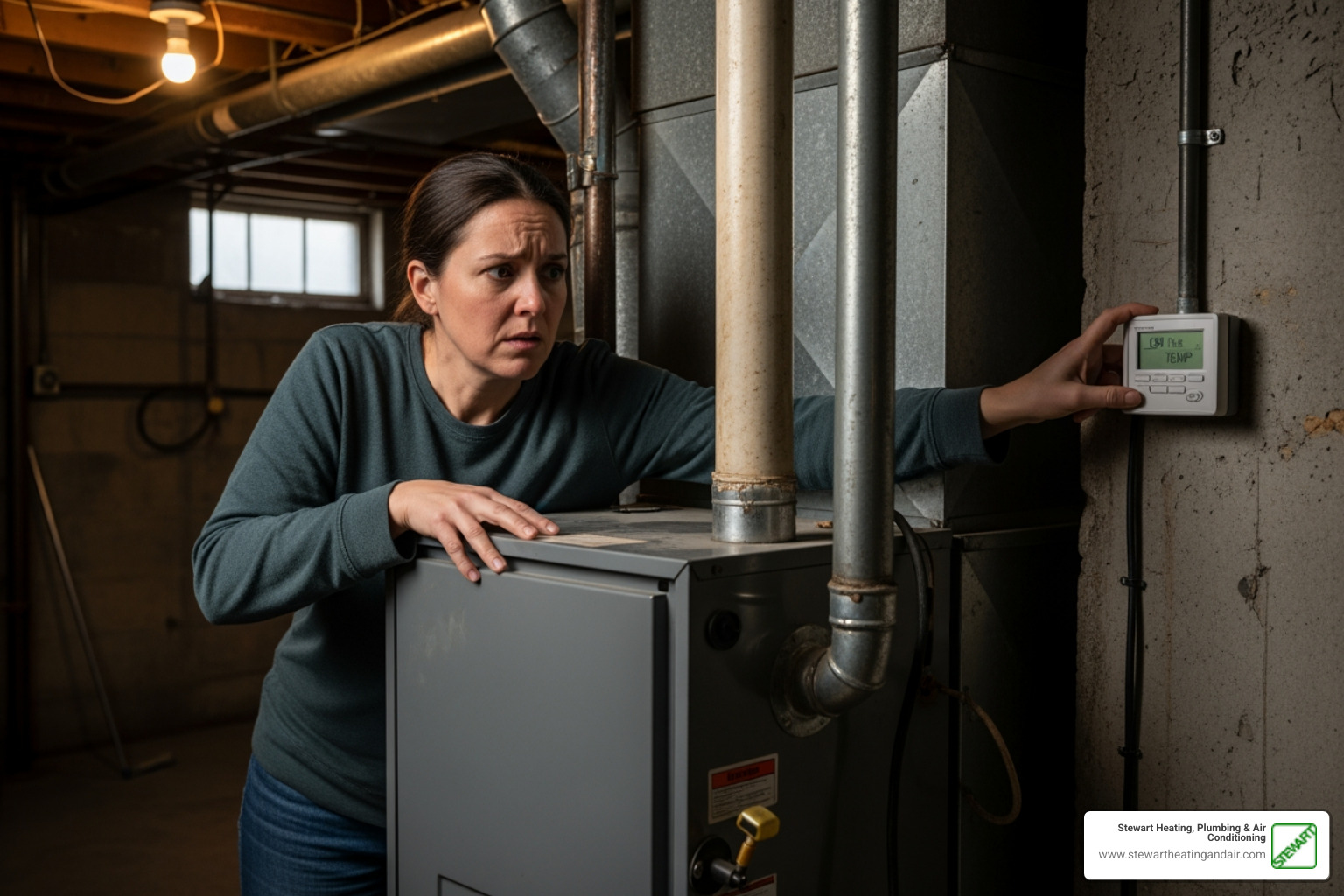a homeowner looking concerned at their heating unit - "My heater is blowing cold air. Who can I call for repairs in Martinez?" a homeowner looking concerned at their heating unit - "My heater is blowing cold air. Who can I call for repairs in Martinez?"