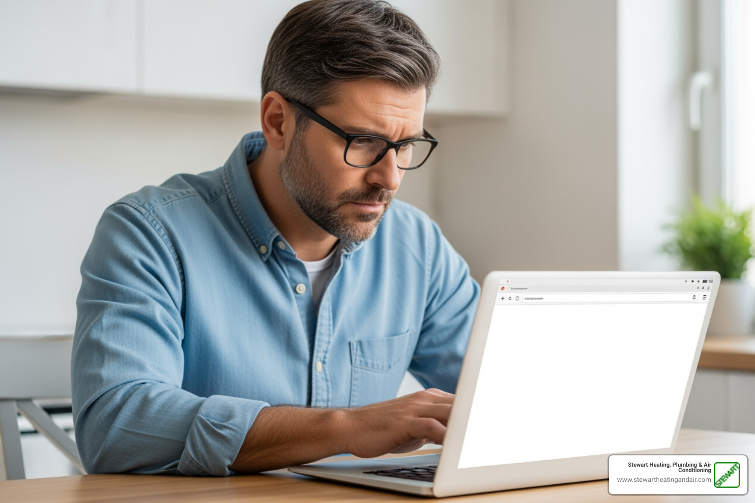 person searching for furnace repair on a laptop - "Find companies that offer furnace repair in Antioch, CA."