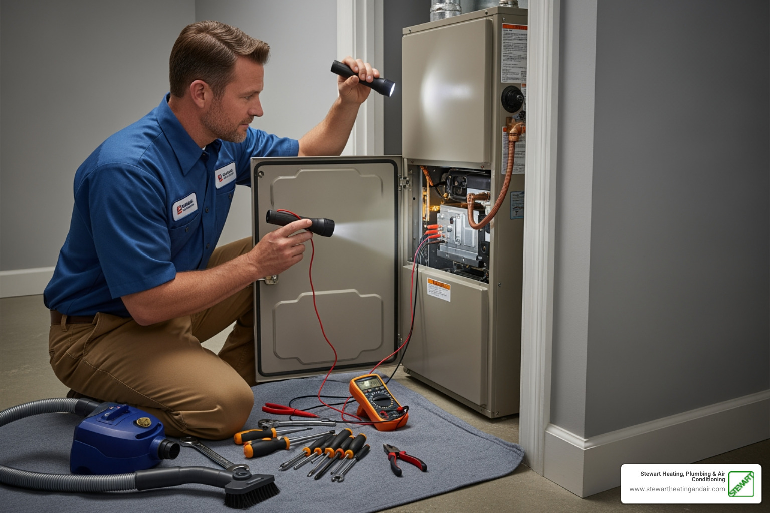 technician performing furnace maintenance - "Find companies that offer furnace repair in Antioch, CA."