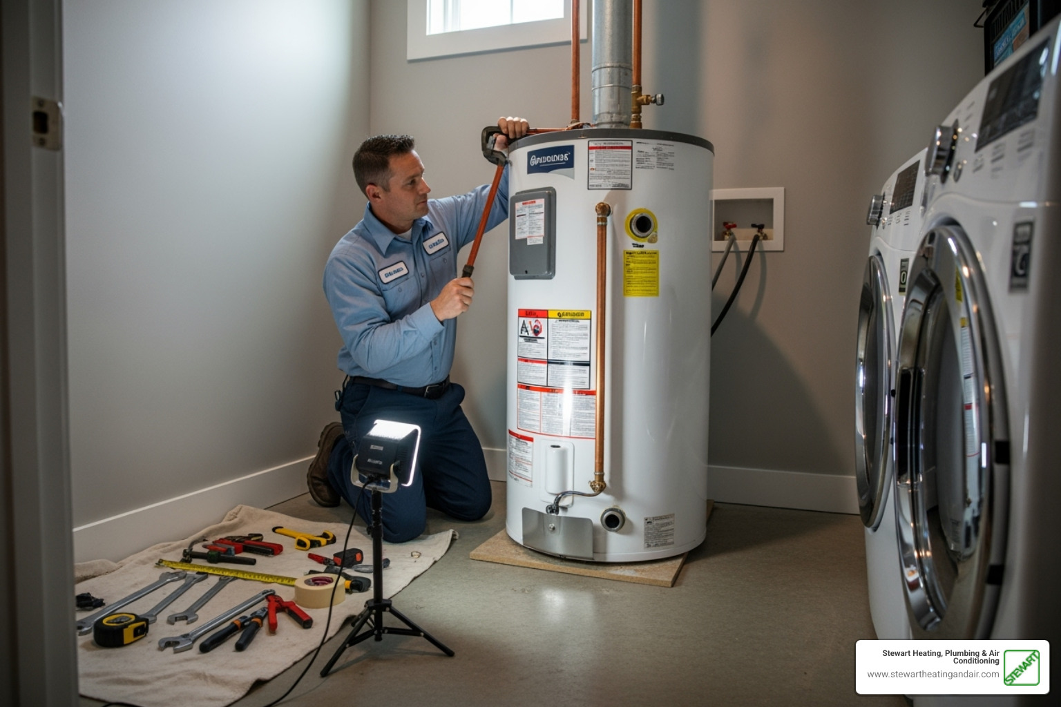 Professional plumber carefully installing a new water heater - residential water heater contra costa county