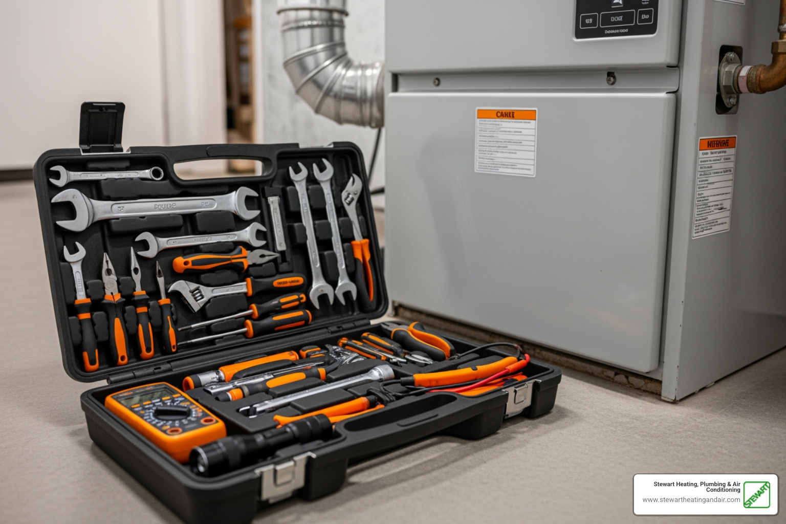 Technician's toolkit next to a furnace, ready for maintenance - "Find a service for an annual furnace tune-up in Lafayette. Technician's toolkit next to a furnace, ready for maintenance - "Find a service for an annual furnace tune-up in Lafayette.