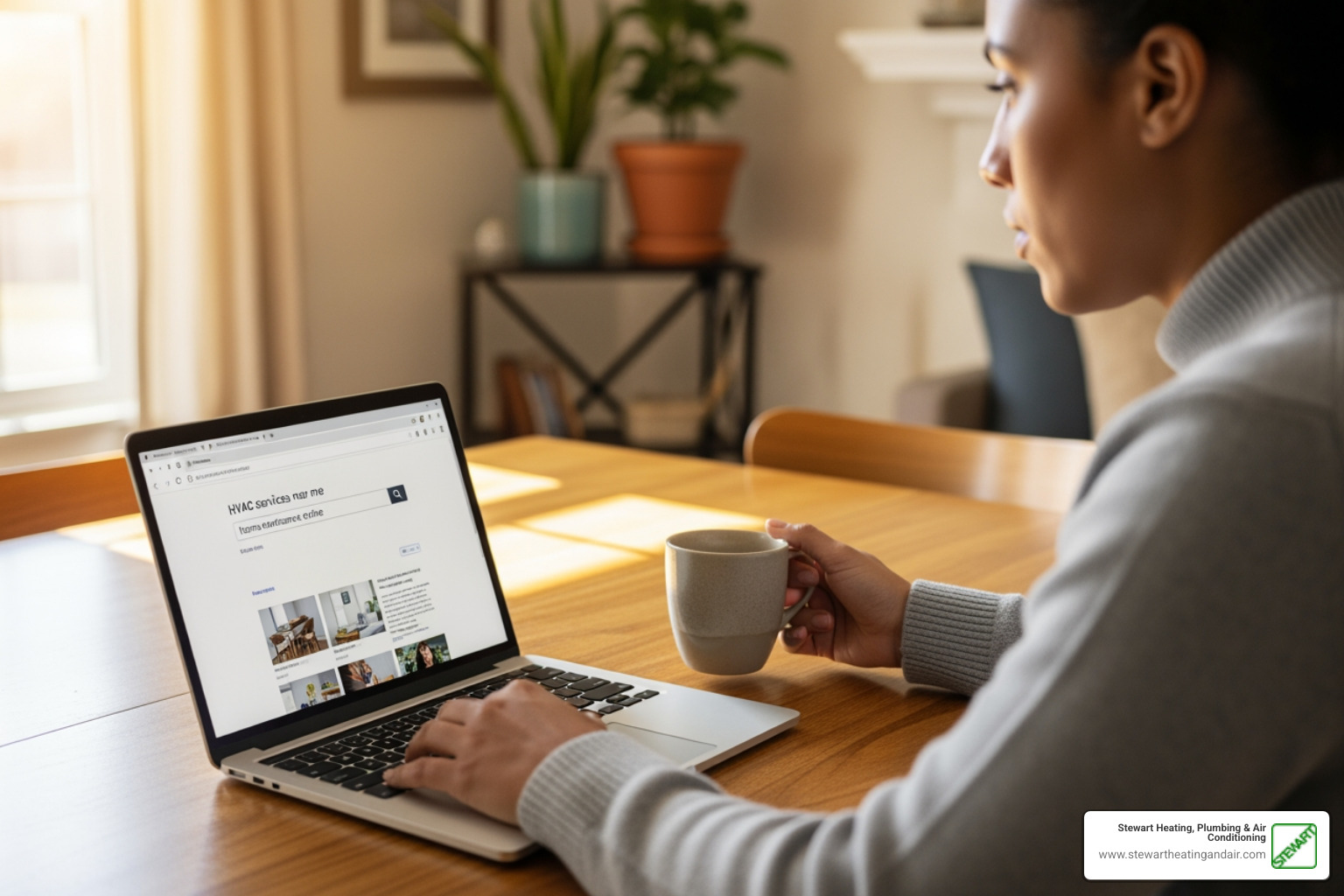 Person searching for HVAC services on a laptop - "Find a service for an annual furnace tune-up in Lafayette. Person searching for HVAC services on a laptop - "Find a service for an annual furnace tune-up in Lafayette.