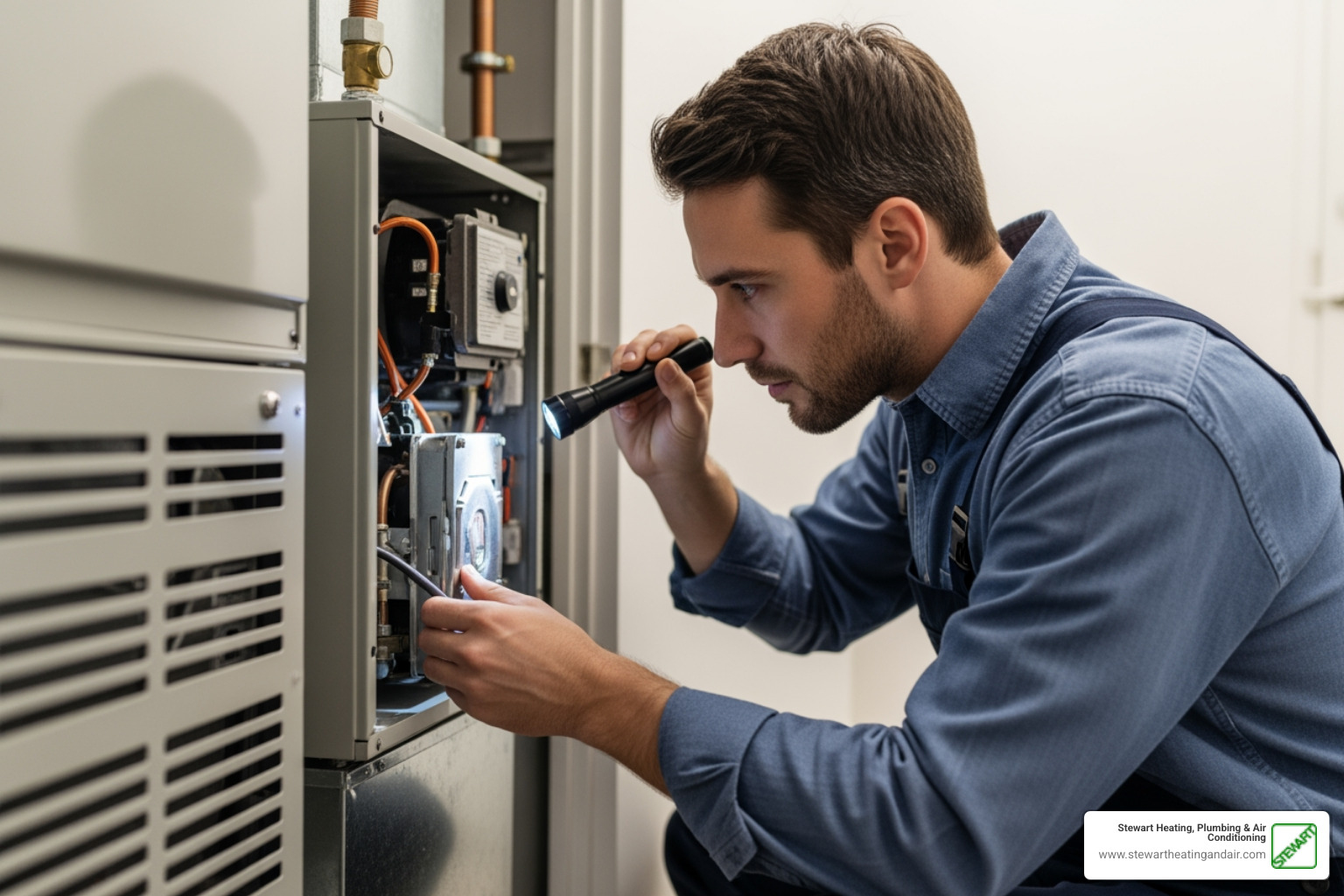 Technician inspecting a furnace's internal components - "Find a service for an annual furnace tune-up in Lafayette. Technician inspecting a furnace's internal components - "Find a service for an annual furnace tune-up in Lafayette.