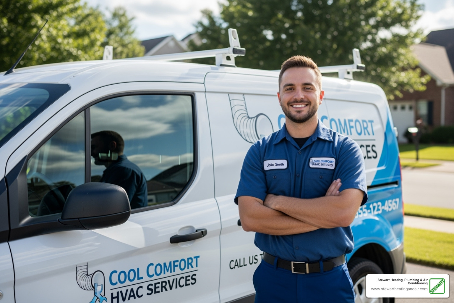 Image of a friendly technician standing next to a clean company van - hvac repair concord